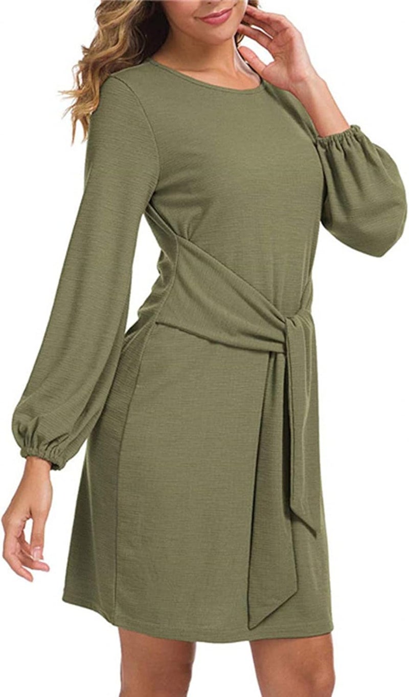 woobles Cocktail Dress, Tie Waist Stretchy Pure Color Long Lantern Sleeve Short Dress Crewneck Polyester for Dating M - Image 2